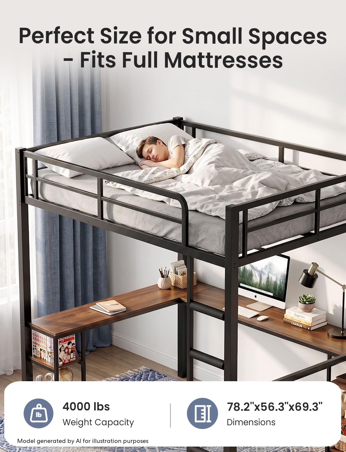 Feetice Full Size Loft Bed with Desk, Metal Frame with Shelves and Clothes Rack, Anti-Tilt Design & 12" Safety Rail, Space-Saving Loft Bed for Teens, Black