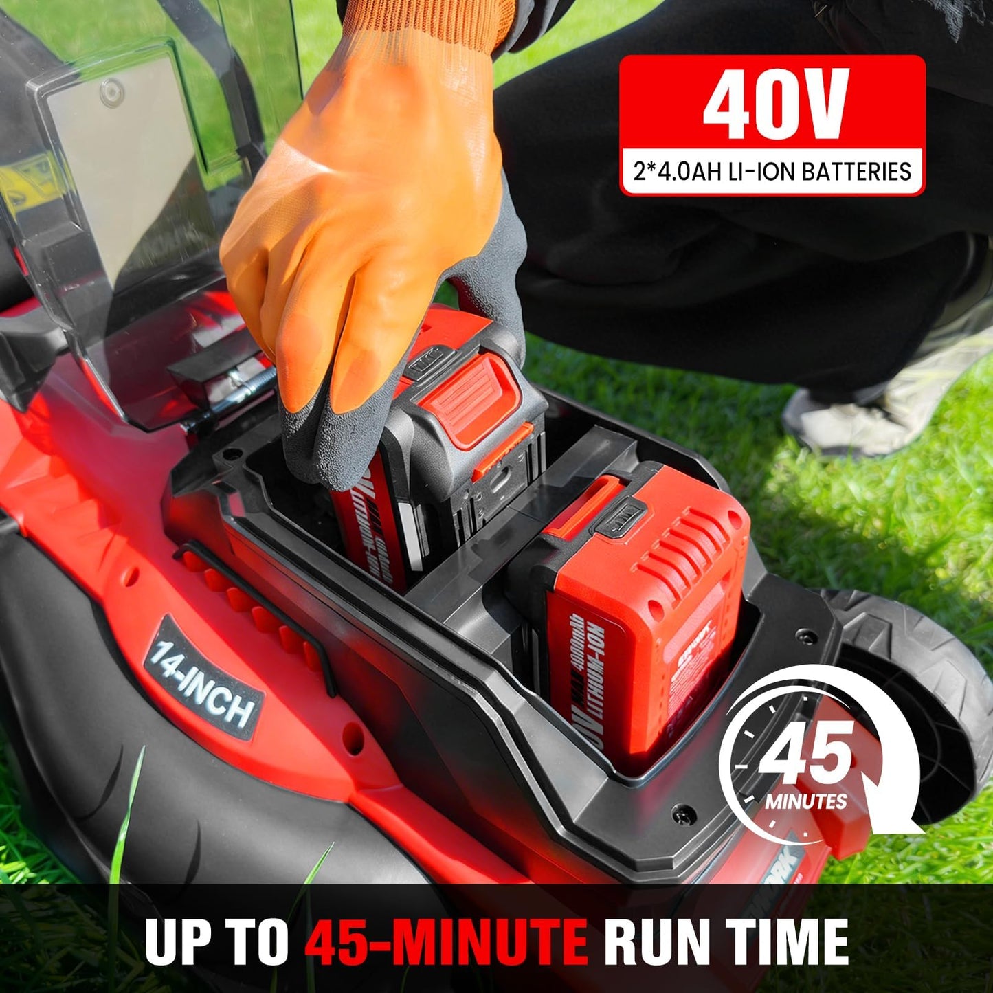 EWORK 40V 14" Electric Lawn Mower Cordless with 2*4.0Ah Batteries & Charger