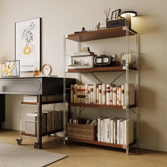 Achene 4-Tier Industrial Bookshelf, Storage Bookcase for Living Room, Bedroom, Home Office, and Kitchen, 11.81"x31.5"x51.18" Inches (Walnut, 4T32IN)