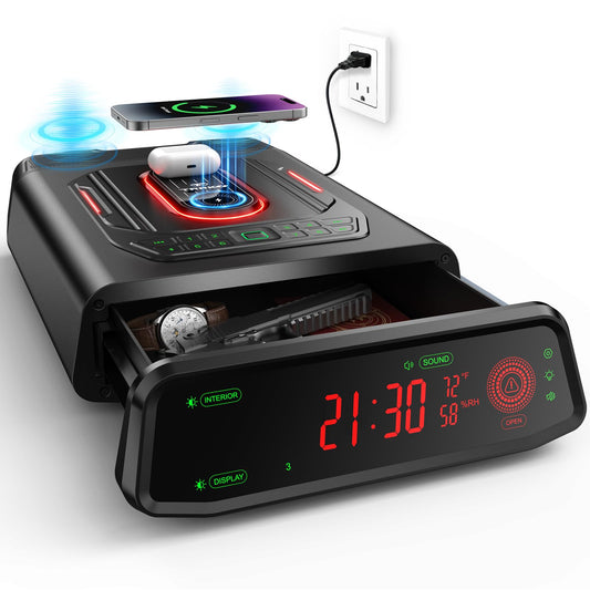 TRRKO Biometric Gun Safe with Built-in Speaker, High-Accuracy & Fast-Response Fingerprint, Wireless Charging Station, Fully Auto-Open Drawer, Fits 2 Pistols, Bedside Handgun Safe for Nightstand
