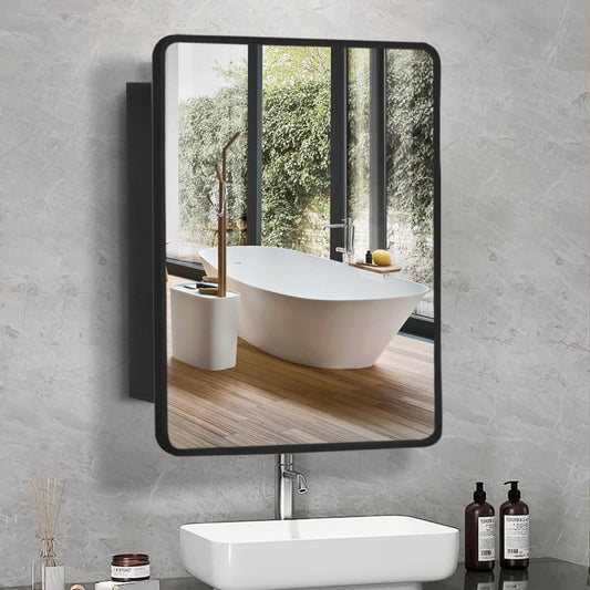 Movo Black Metal Framed Bathroom Mirror Medicine Cabinet,30 Inch x 24 Inch Recessed Wall Mounted Medicine Cabinet with Mirror,Aluminum Storage Cabinet for Bathroom Vanity