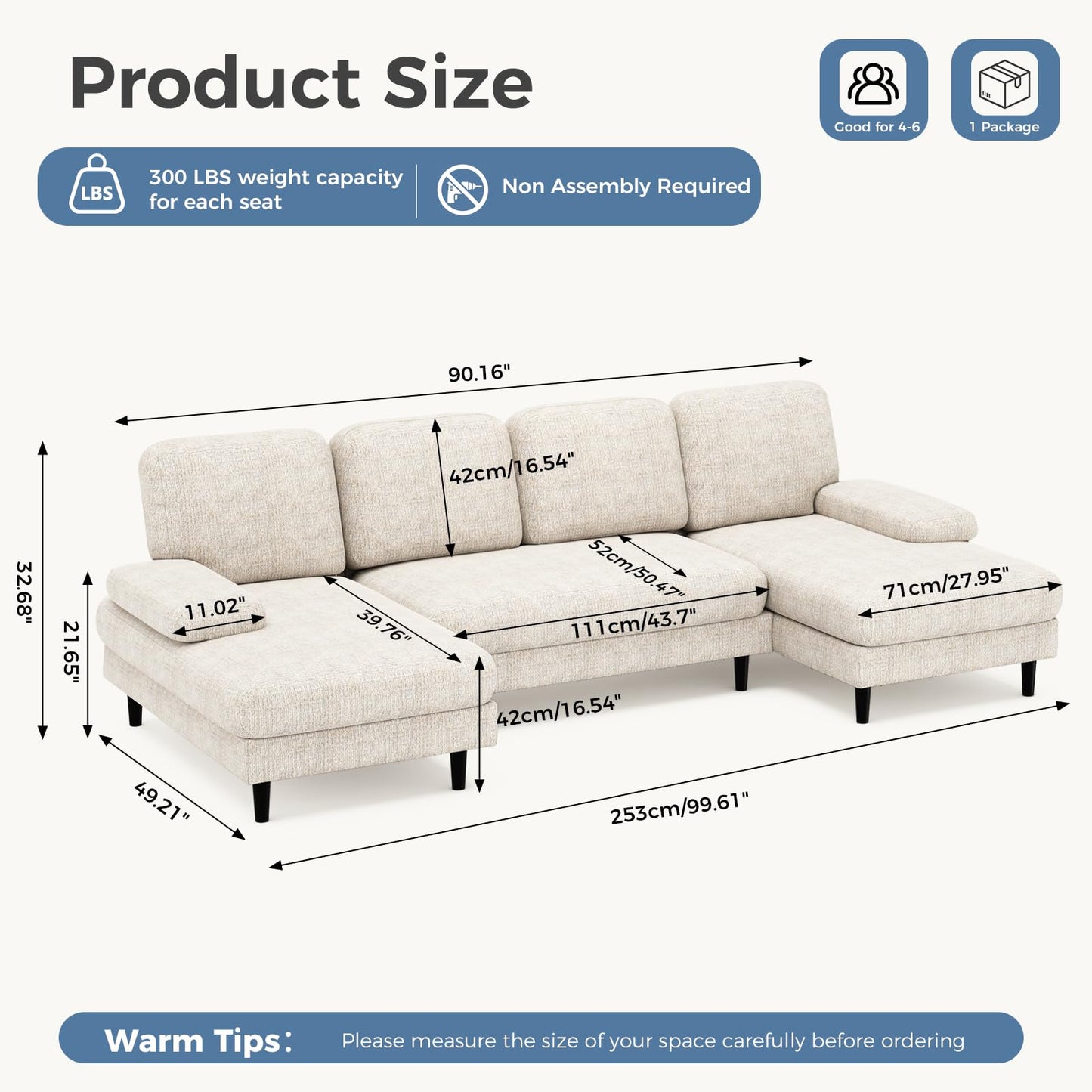 DUMOS Sectional Couches for Living Room, U Shaped Couch with Double Chaise Lounge, Modern Chenille Fabric 4-Seat Couch with Removable Pillows for Apartment/Small Space, Beige