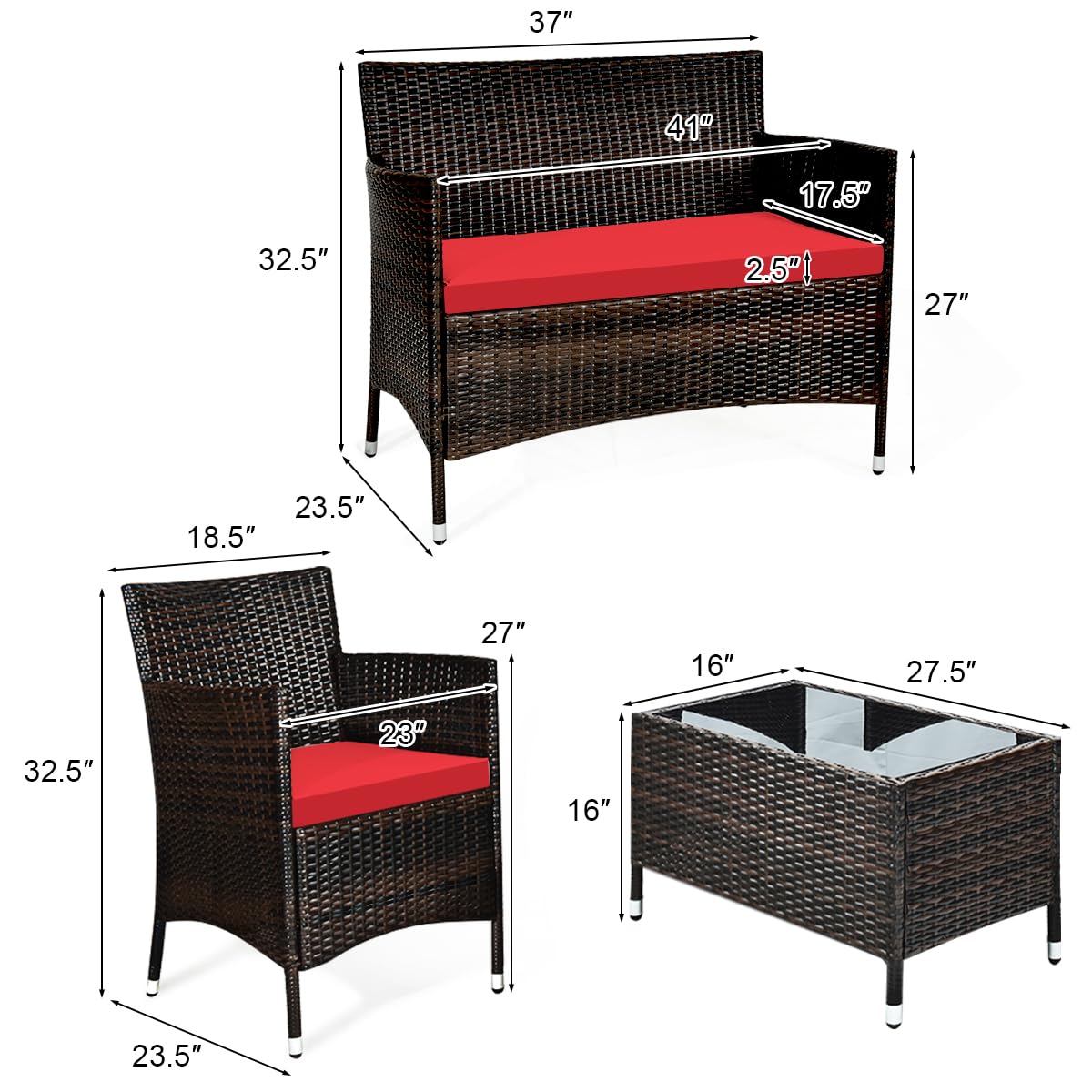 COSTWAY 8PCS Rattan Patio Furniture Set, Outdoor Wicker Rattan Chairs with Coffee Table, Rattan Cushioned Conversation Set for Backyard Balcony Porch Poolside, Red
