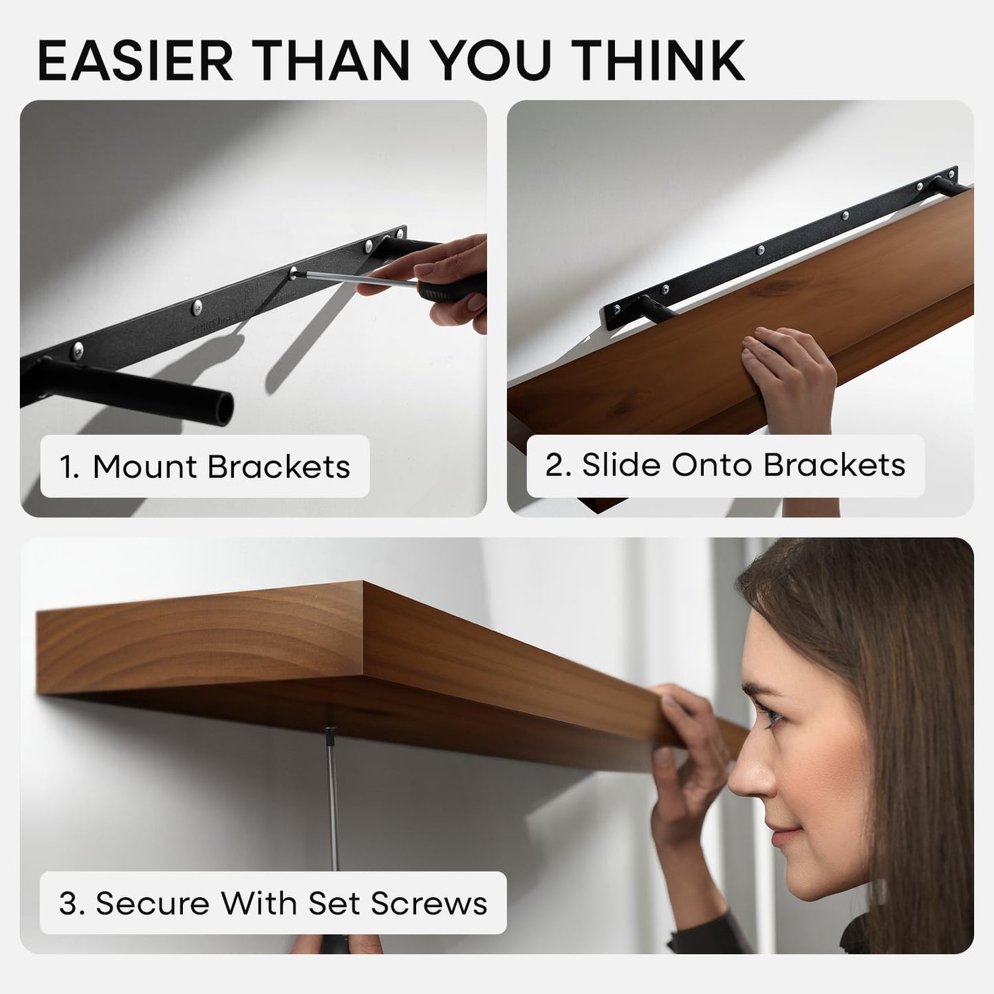Homeforia Walnut 60 inch Floating Shelf, High End Solid Real Wood 60inch Long Floating Shelf for Wall, Dark Brown Wooden 60in Large Floating Shelves, Heavy Duty Bracket, 60 X 6.5 X 1.75 inch, Set of 2