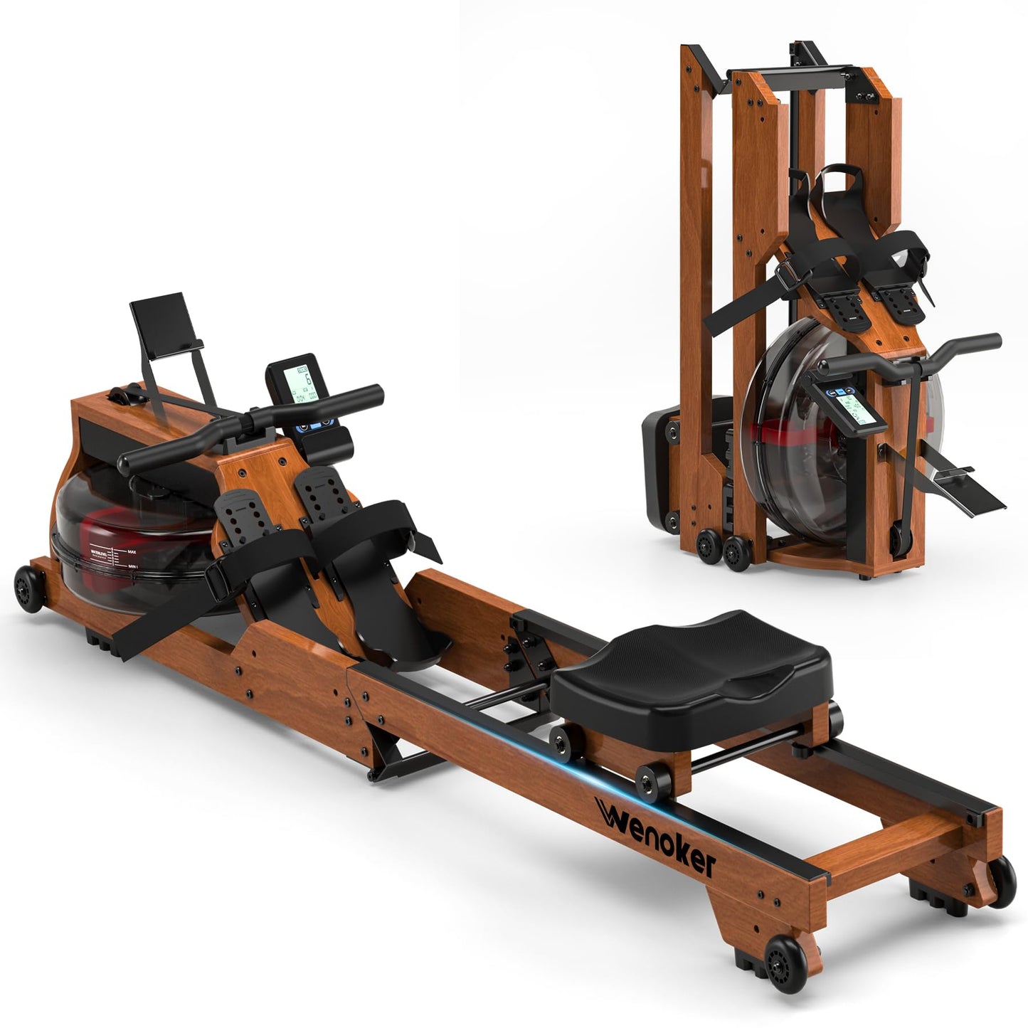 Water Rowing Machine for Home Use, WENOKER Wooden Foldable Rower Machine with Dedicated Monitor & Bluetooth APP, Large Water Tank & Comfortable Seat for Immersive Water Rower, 350LBS Weight Capacity