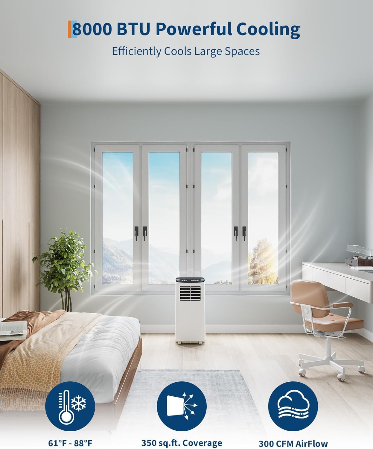 Garvee 8,000 BTU Portable Air Conditioner, 3-in-1 Portable AC Unit with Remote Control, Cool, Dehumidifier & Fan Modes for Rooms up to 350 sq.ft, with Sleep Mode, 24 Hours Timer, and Window Kit