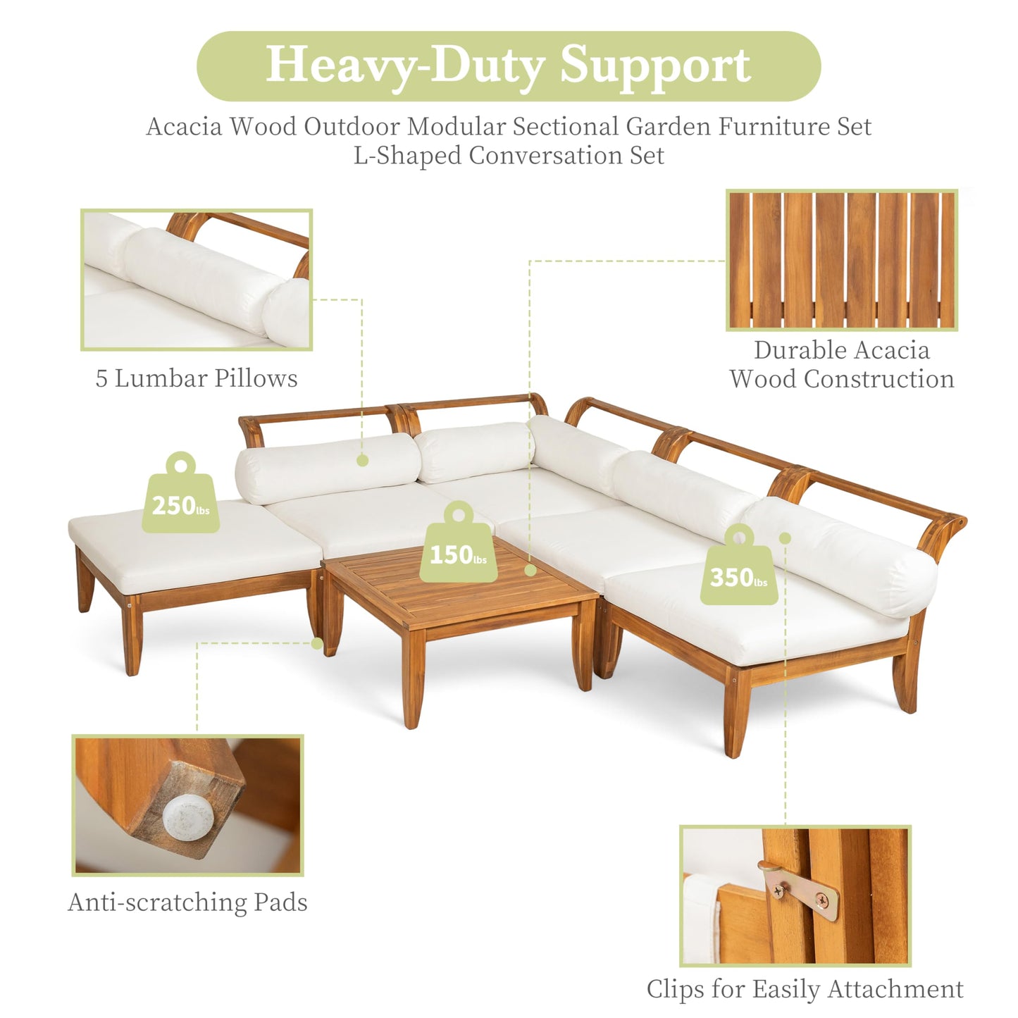Merax 6 Pieces Patio Furniture Set, Outdoor L-Shaped Sectional Sofa Set with Coffee Table, Acacia Wood Conversation Seating & Cushions and Lumbar Pillows, for Garden, Poolside and Backyard, Teak+Beige
