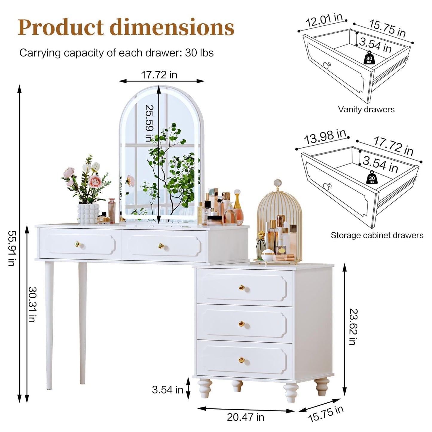 Ieejdn White,Vanity Desk with Mirror and Lights,Makeup Vanity with Power Outlet and Adjustable Cabinet,Modern Makeup Table with 3 Drawers for Bedroom Makeup Room