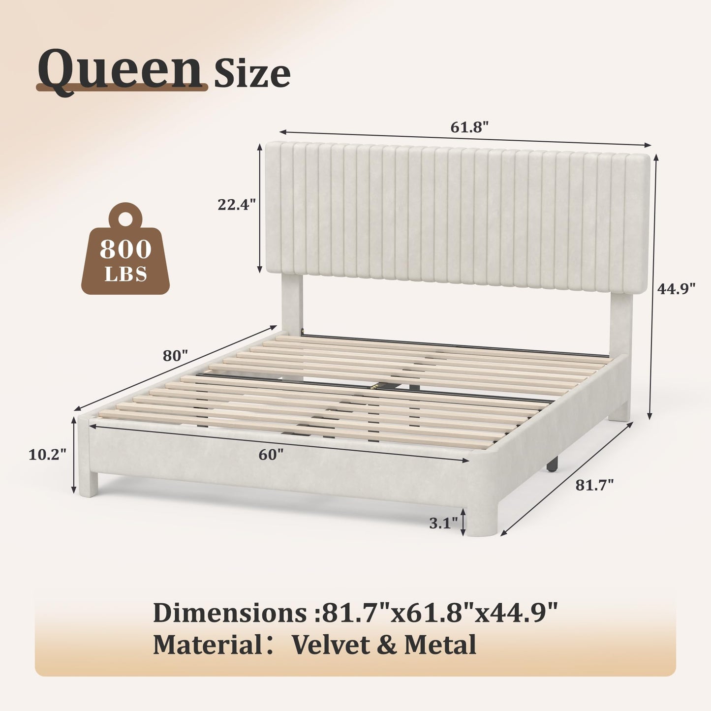 Erdoru Queen Size Velvet Upholstered Bed Frame with Headboard, Luxury Wooden Slat Support Platform Bed, Noise-Free Sturdy Low Profile Design, No Box Spring Needed, Easy to Assemble, White