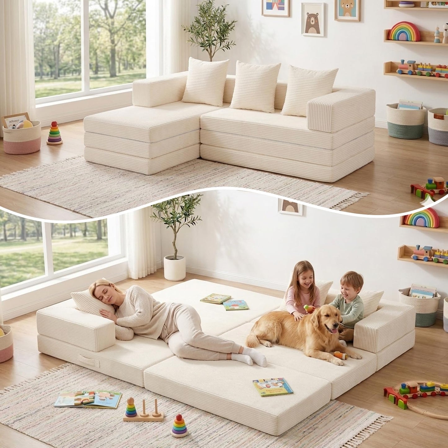 65" Boneless Couch,Convertible Sleeper Sofa Bed, Modular Sectional Sofa, Modern Tri-Folding Cloud Couch with L-Shape Chaise, Corduroy Futon Couches for Living Room Small Spaces Apartment,No Assembly