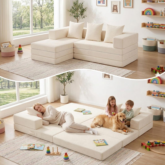 65" Boneless Couch,Convertible Sleeper Sofa Bed, Modular Sectional Sofa, Modern Tri-Folding Cloud Couch with L-Shape Chaise, Corduroy Futon Couches for Living Room Small Spaces Apartment,No Assembly