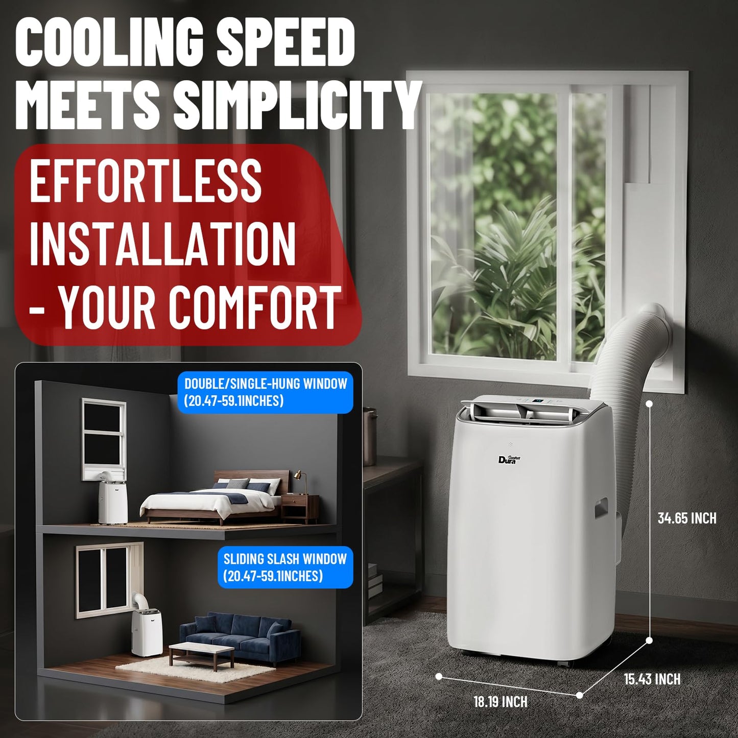 DuraComfort 14,000 BTU Portable Air Conditioner for Rooms up to 700 Sq.Ft, 3-in-1 Portable AC Unit with Cooling, Fan & Dehumidifier, Remote Control and Window Installation Kit