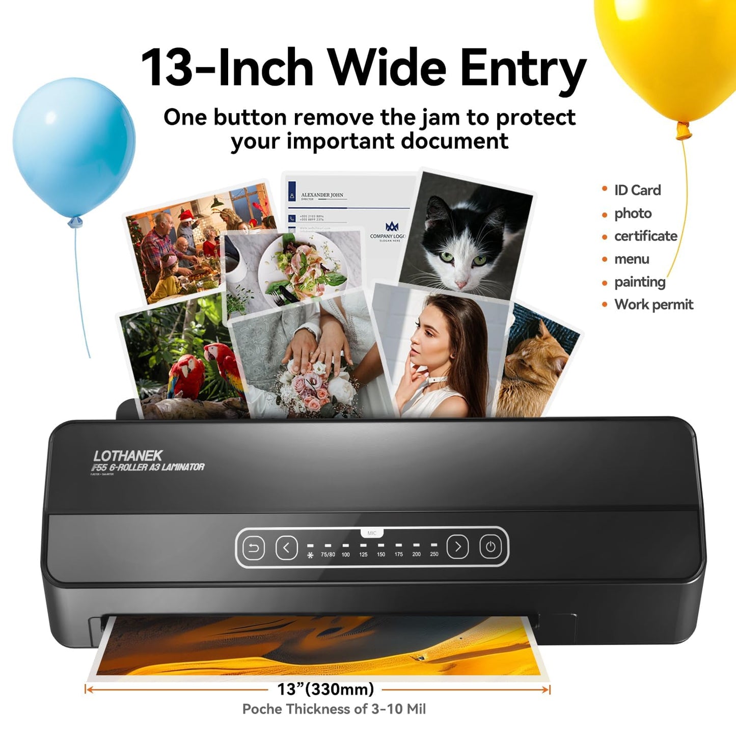 A3 6-Roller Commercial Laminator Machine, LOTHANEK 3-10 Mil 13 inch Heavy Duty Thermal Laminating Machine, 60-Second Warm-up, 40 Inches/Minute, Touch Screen for Home, School Office (Glossy Black)