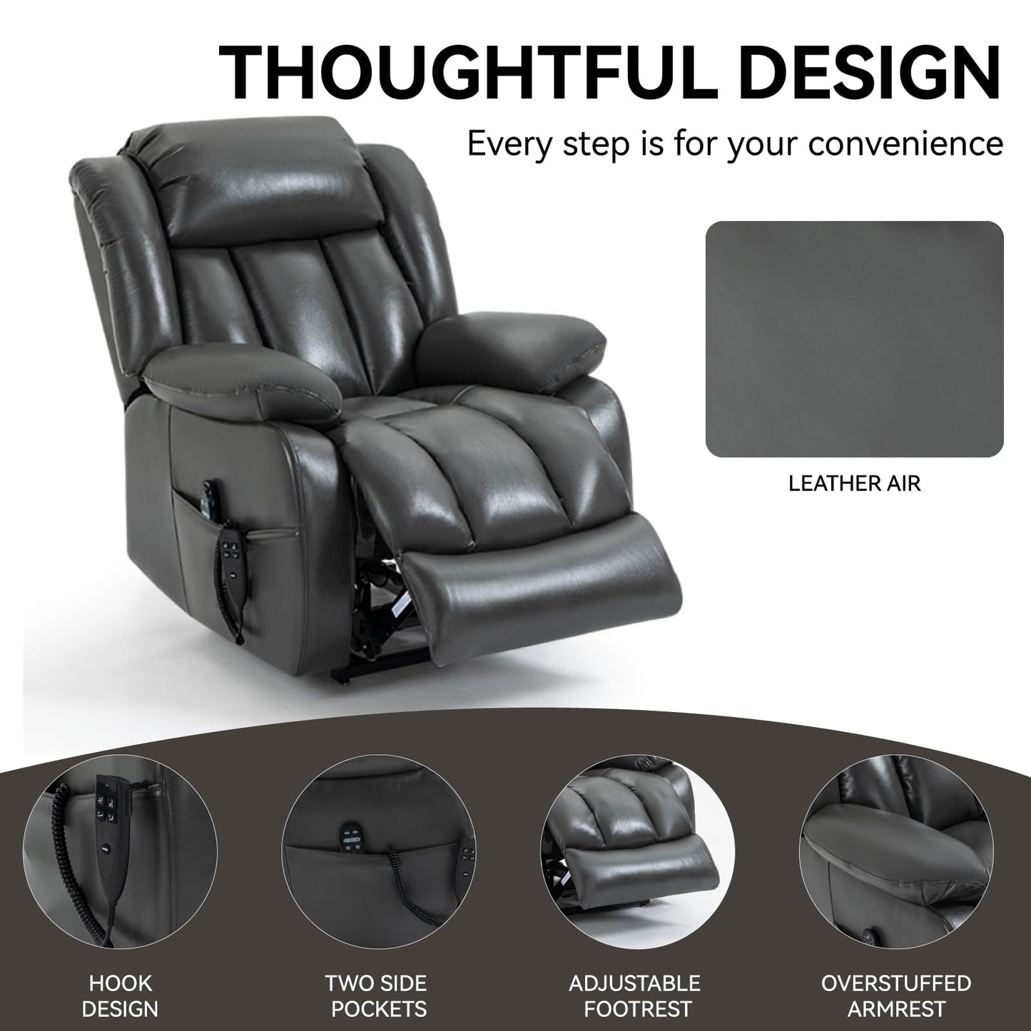 KEIKI Oversized Recliner Chair Electric Dual Motor Lift Leather Recliner for Elderly, Synthetic Leather Upholstery with Infinite Position and Back Massager with Heat, Rocking Lounge Chair, Grey