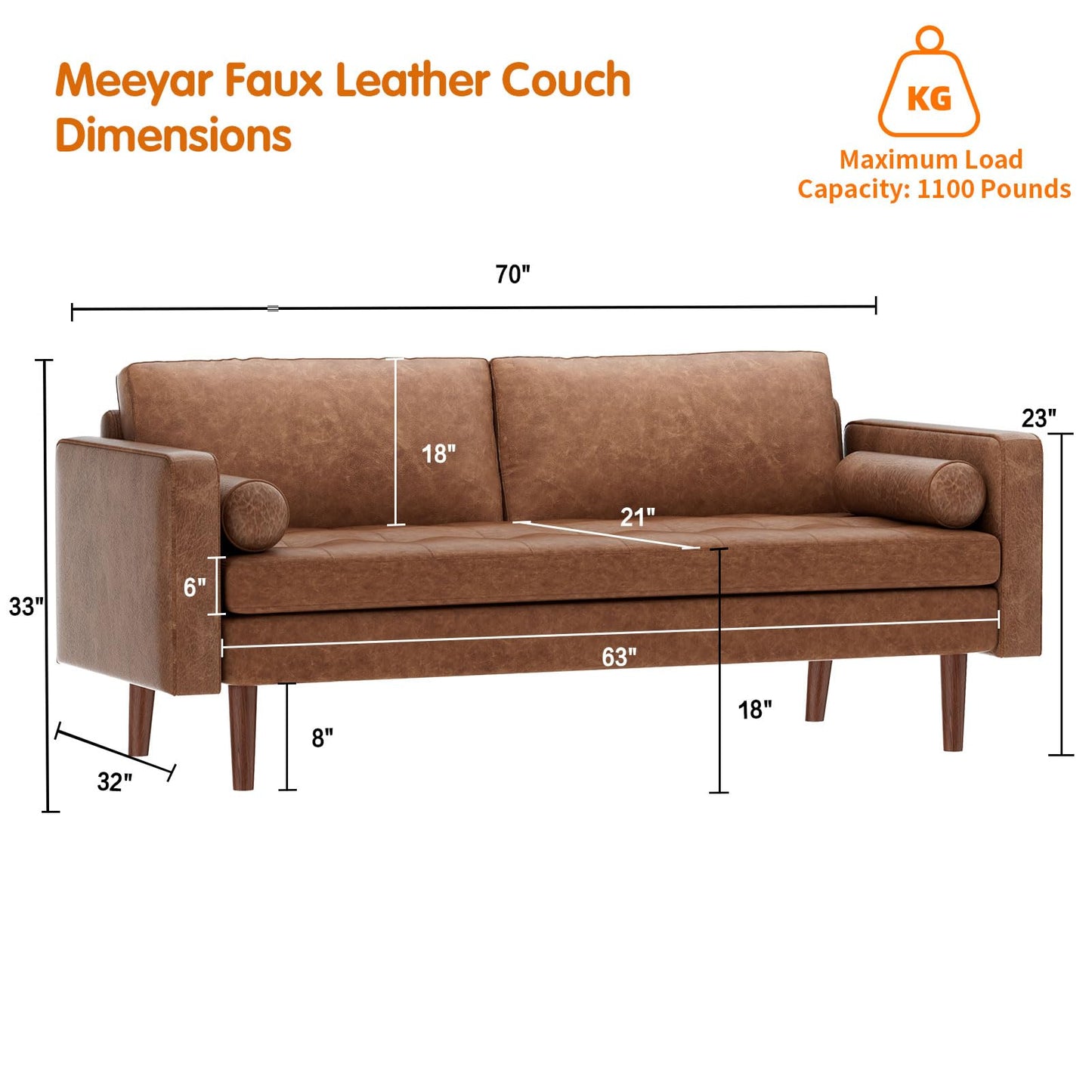 Meeyar 70" Mid-Century Modern Sofa Couch – Faux Leather Loveseat Sofa with Deep Seat & Solid Wood Frame – Includes 2 Accent Pillows –Dark Brown Living Room Bedroom Office