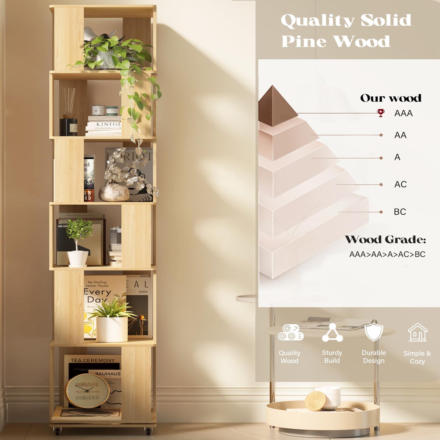 6 Tier Solid Wood Rotating Bookshelf Tower on Wheels, 360° Upgrade Spinning Book Shelf, Revolving Bookcase Organizer, Swivel Bookshelves for Small Spaces, Bedroom, Kids Room, Office (Light Wood)