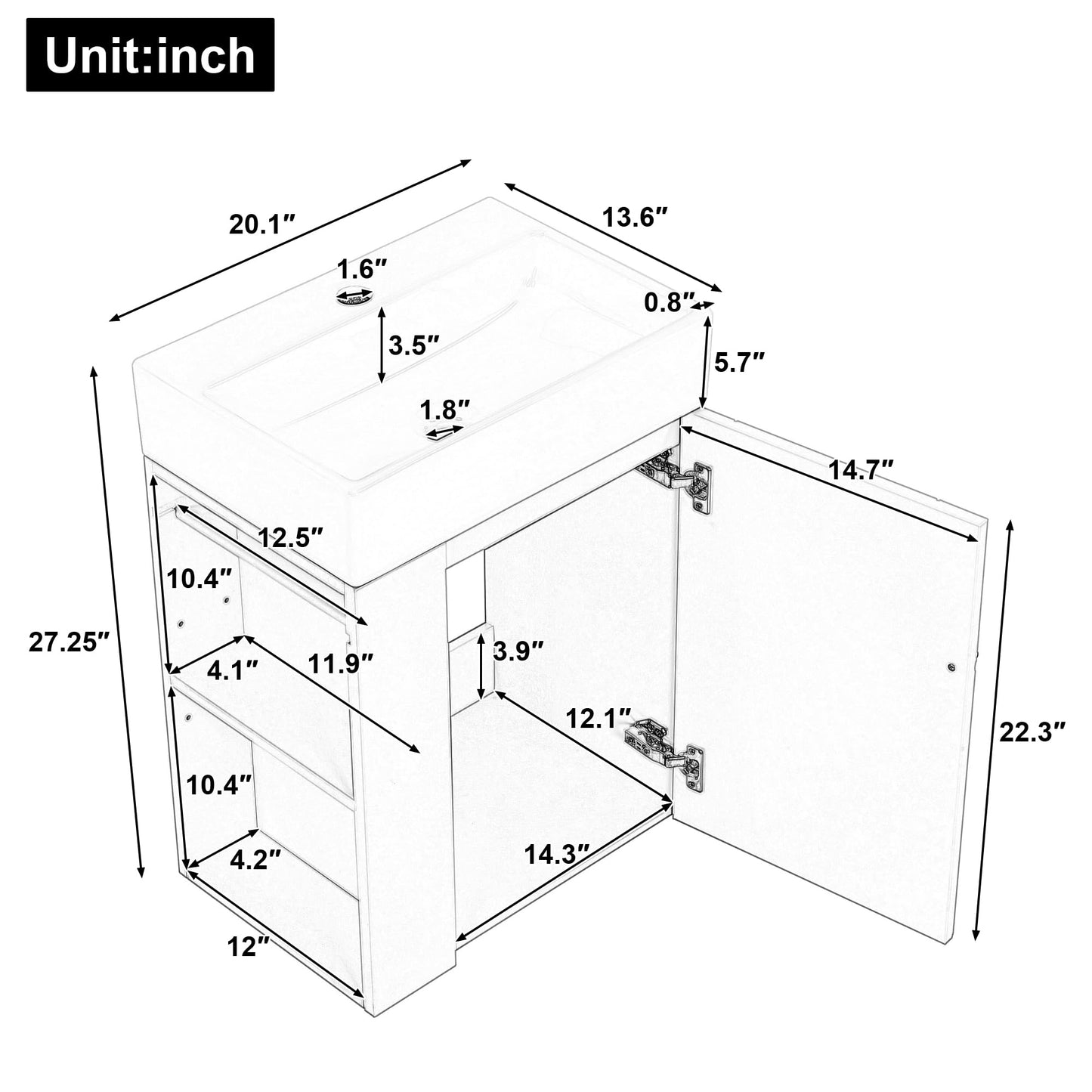 20" Floationg Wall-Mounted Bathroom Vanity with Ceramic Sink, Adjustable Shelf, Toilet Paper Holder, Modern Style, Door with Diamond Design, White