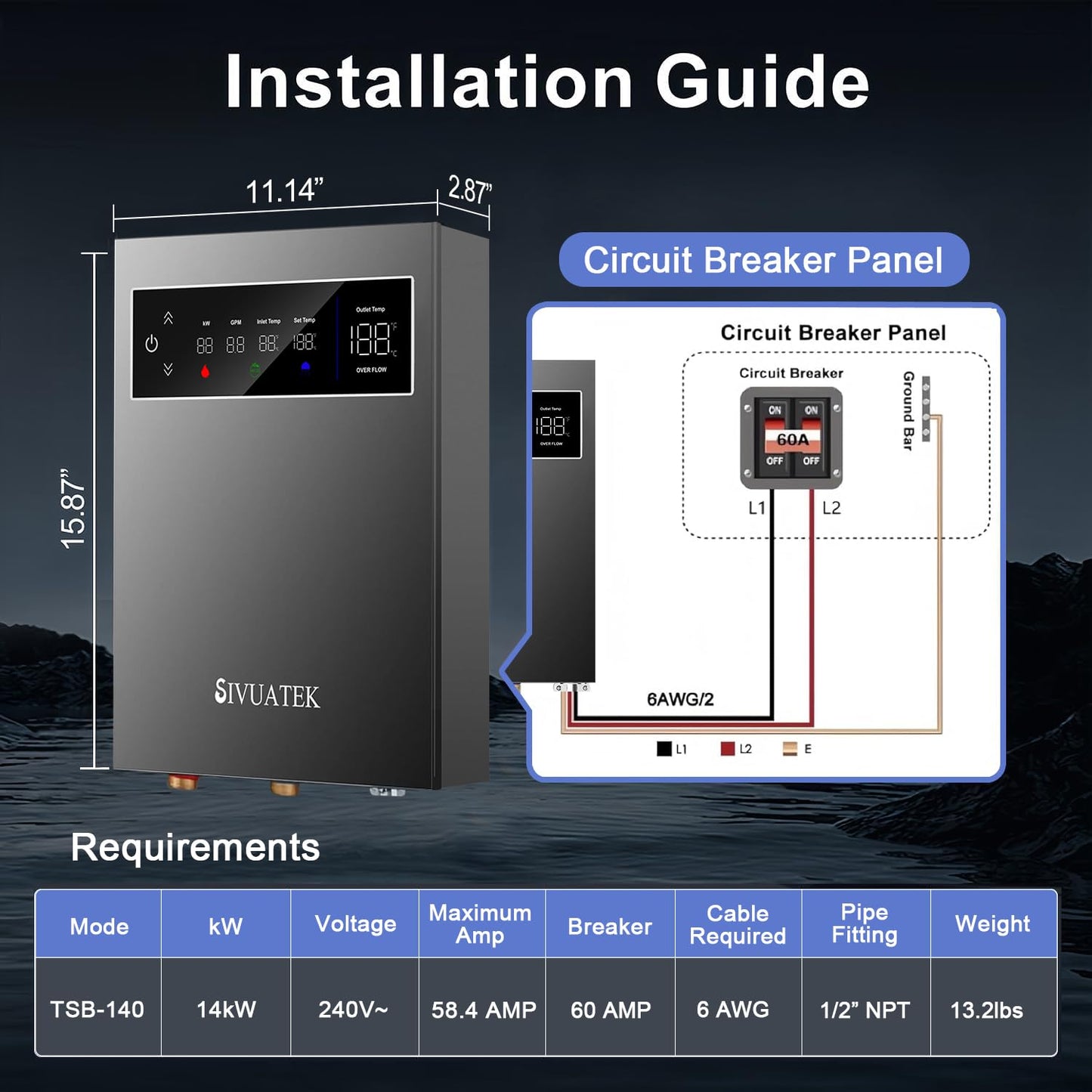 14kW Tankless Water Heater Electric, SIVUATEK 240V Instant On-Demand Hot Water Heater, 2 Point of Use, Self-Modulating, ETL Certified, Endless Water Supply for Home