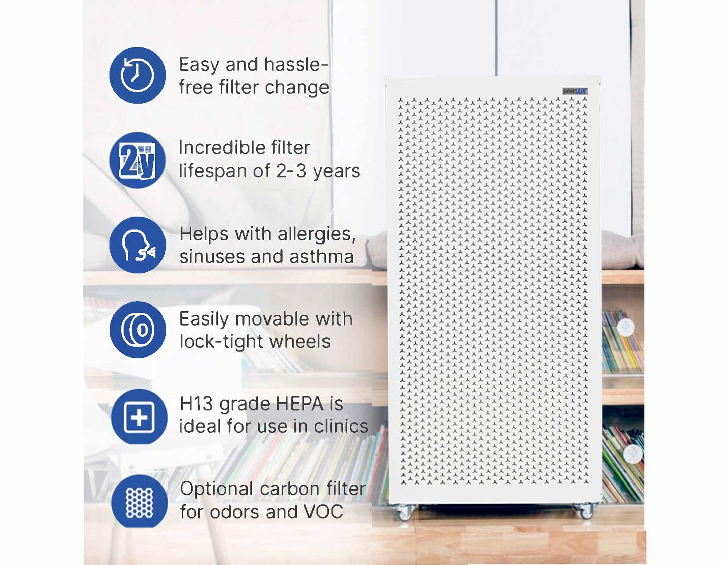 Smart Air Blast MKII Large Room Air Purifier Up to 9000 Sq Ft/hr, 1200 CFM, 99.97% True H13 HEPA Filter, Carbon Filter & Washable Prefilter, For Home Office Pet Hair Dust Mold Smoke Allergies Pollen