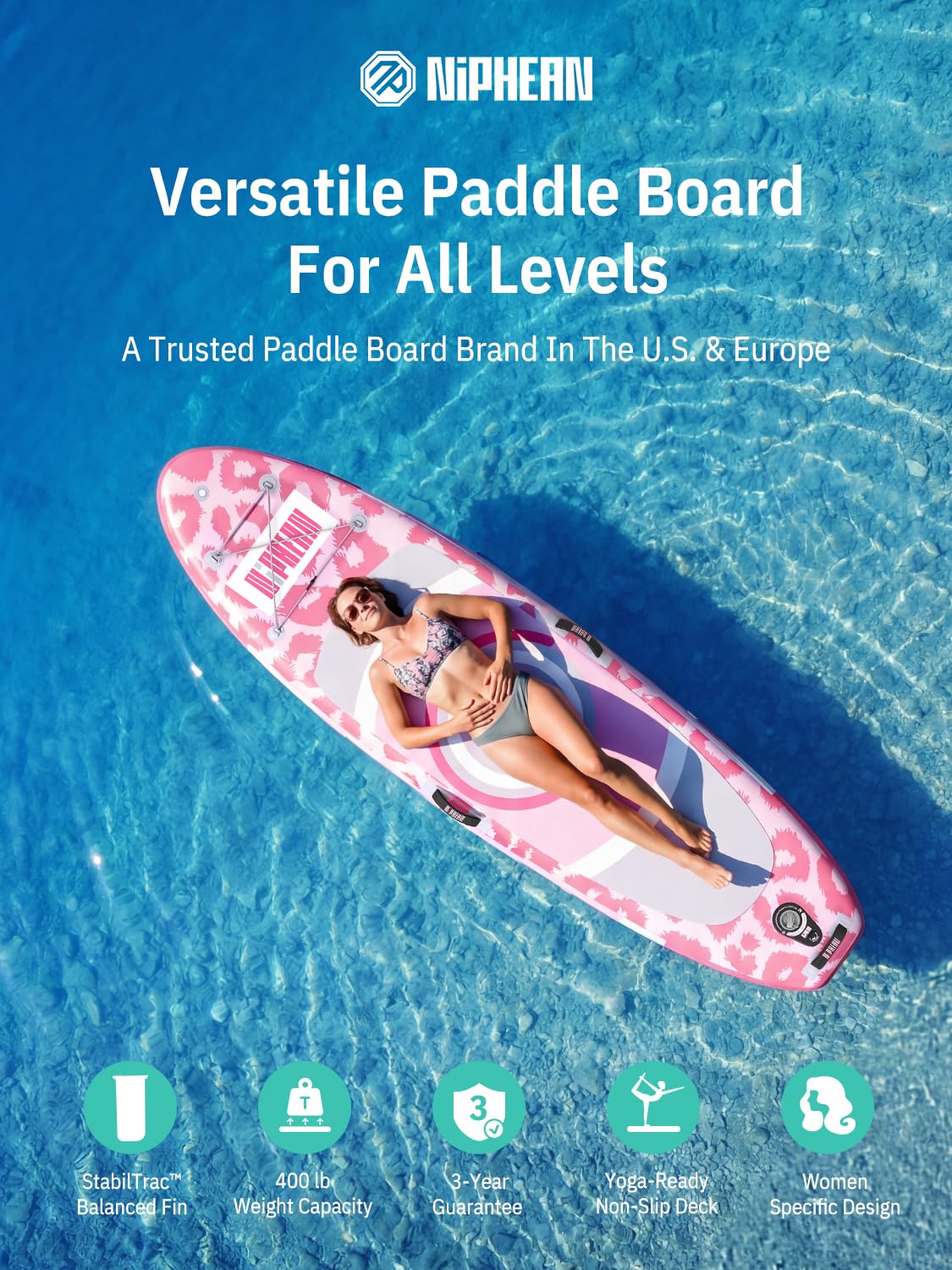 Niphean（Ultra-Light） Inflatable Paddle Board with StabilTrac Fin and Durable SUP Accessories, 10' Stand Up Paddle Boards for Adults & Youth, Versatile Yoga Paddle Board, Gift Ideas-Leopard with Seat