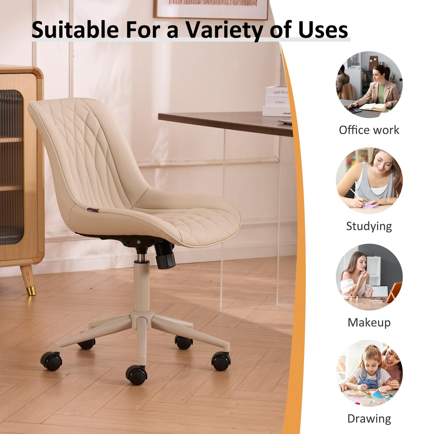YOUNIKE Cream Faux Leather Ergonomic Office Chair Armless Comfy Desk Chair with Rocking Back Cute Swivel Vanity Chair with Wheels Height Adjustable Small Computer Task Chair for Sewing Drafting