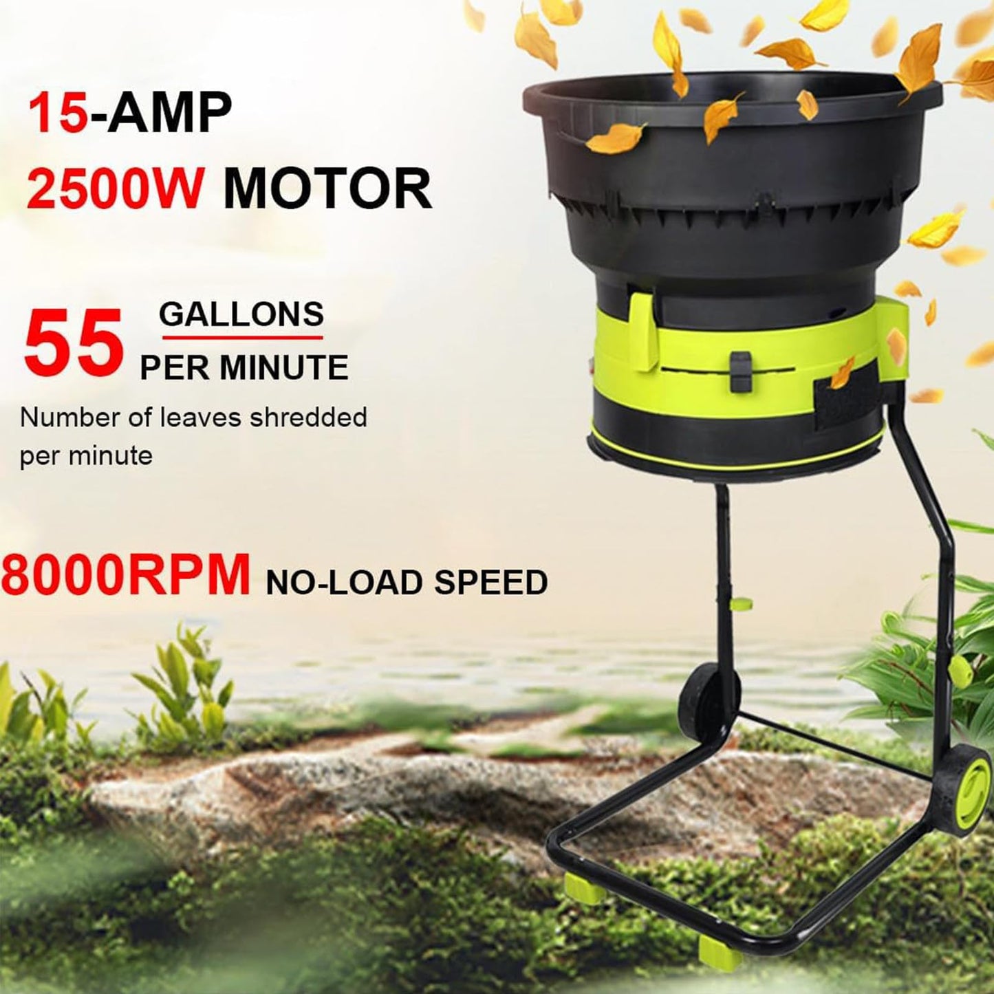 Electric Leaf Mulcher Shredder 2500W with Wheels, 8000RPM Chipper, Garden Cleanup Tool, Composting Machine, Includes Storage Bag 54cm,30mxPowercord (20m)