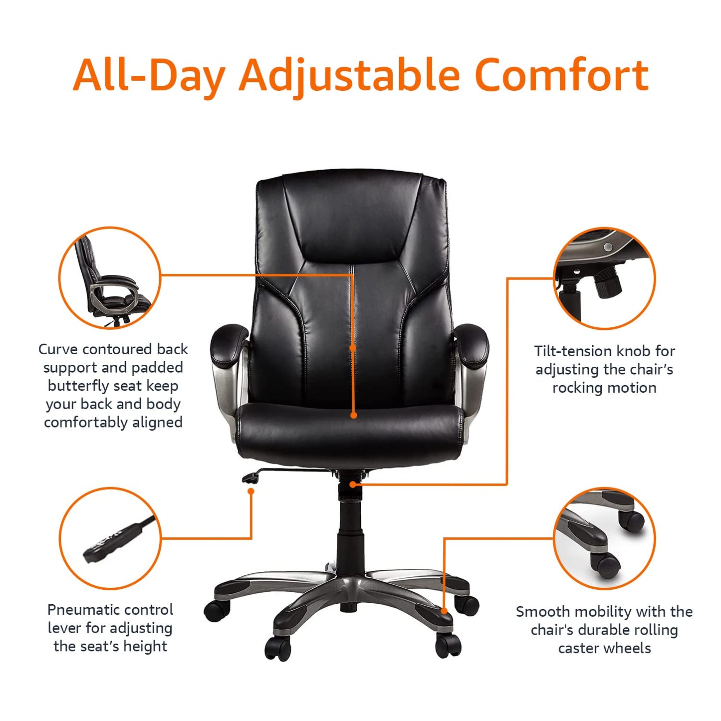 Amazon Basics Executive High Back Office Chair, Adjustable Height, Tilt, Swivel, Padded Seat, Bonded Leather, Wheels, Black/Silver