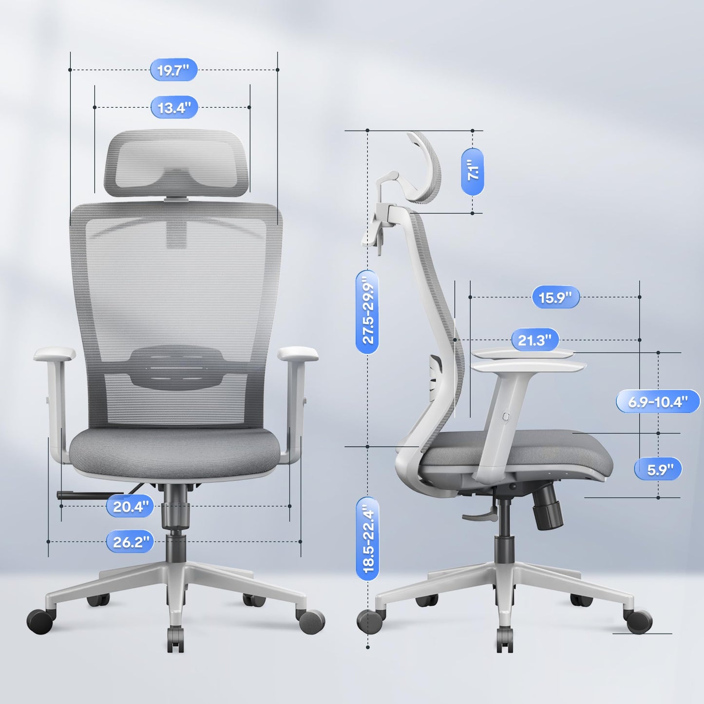 FLEXISPOT OC3 Cloud Ergonomic Office Chair, Mesh Back Computer Chair, Home Office Desk Chairs with Adjustable Lumbar Support/3D Headrest/Reliable Base, Elastic Foam Seat, Light Gray