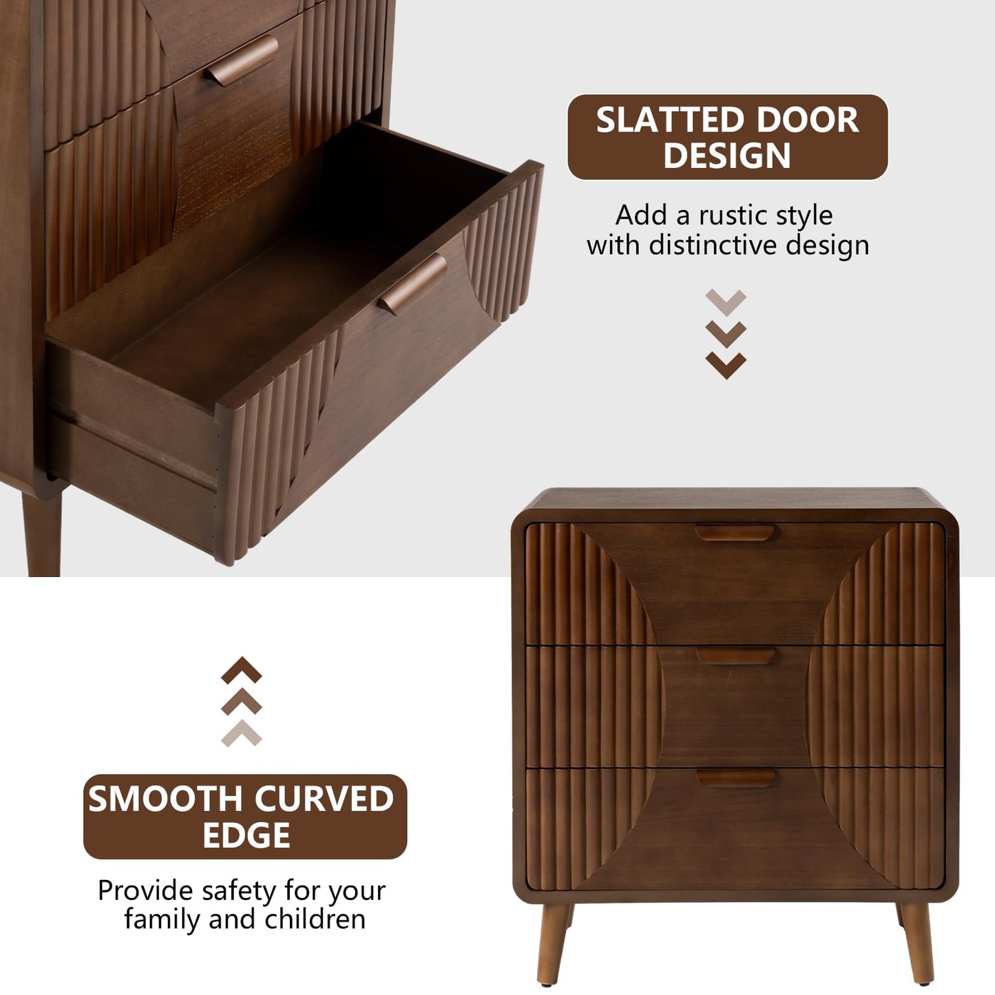 COSIEST Tall Nightstand with 3 Drawers, Mid-Century Modern Fluted Bedside Table, Walnut Wood Accent Cabinet with Storage for Bedroom, Brown