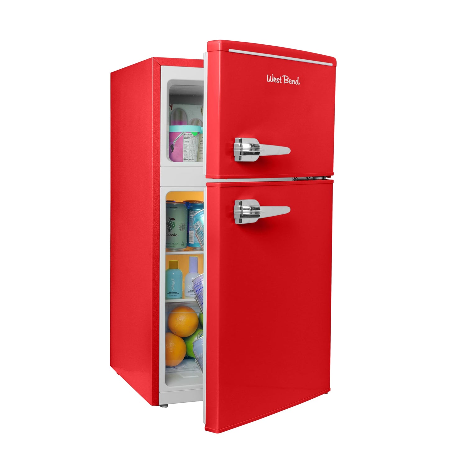 West Bend Mini Fridge with Freezer Retro-Styled for Home Office or Dorm, Features Dual Doors Removable Glass Shelves Manual Defrost and Mechanical Adjustable Temperature Control, 3.1-Cu.Ft, Red
