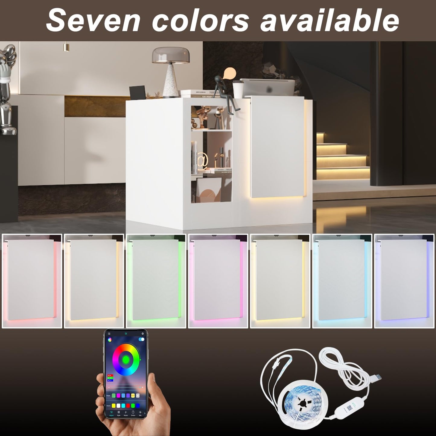 AIEGLE Modern Reception Desk, Front Desk Reception Counter, 47.2" W L Shaped Check Out Counter with Storage, LED Lights, Cable Grommet & Glass Display Shelf for Salon, Lobby, White
