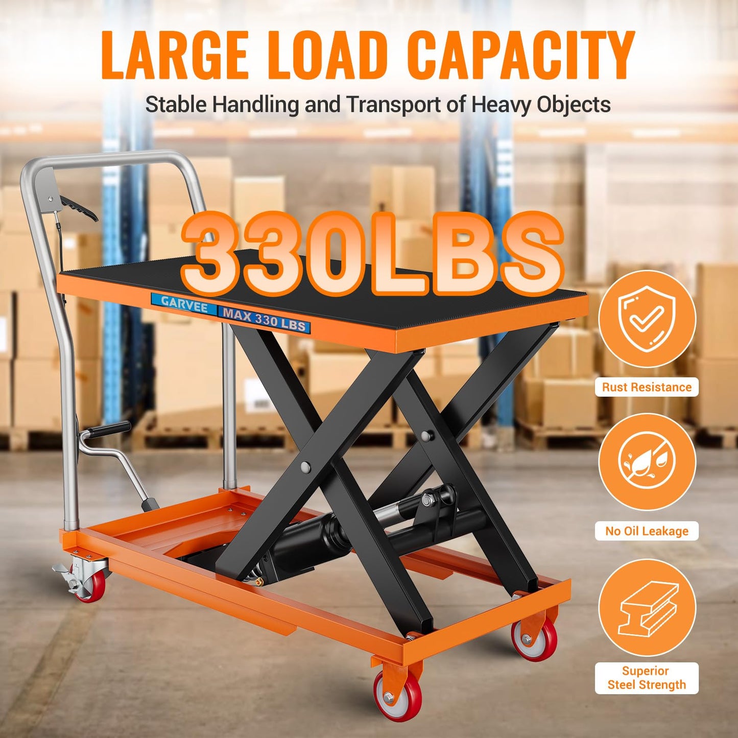 Hydraulic Lift Table Cart, 330lbs Capacity 28.5" Lifting Height, Manual Single Scissor Lift Table with 4 Wheels and Non-Slip Pad, Hydraulic Scissor Cart for Material Handling, Orange