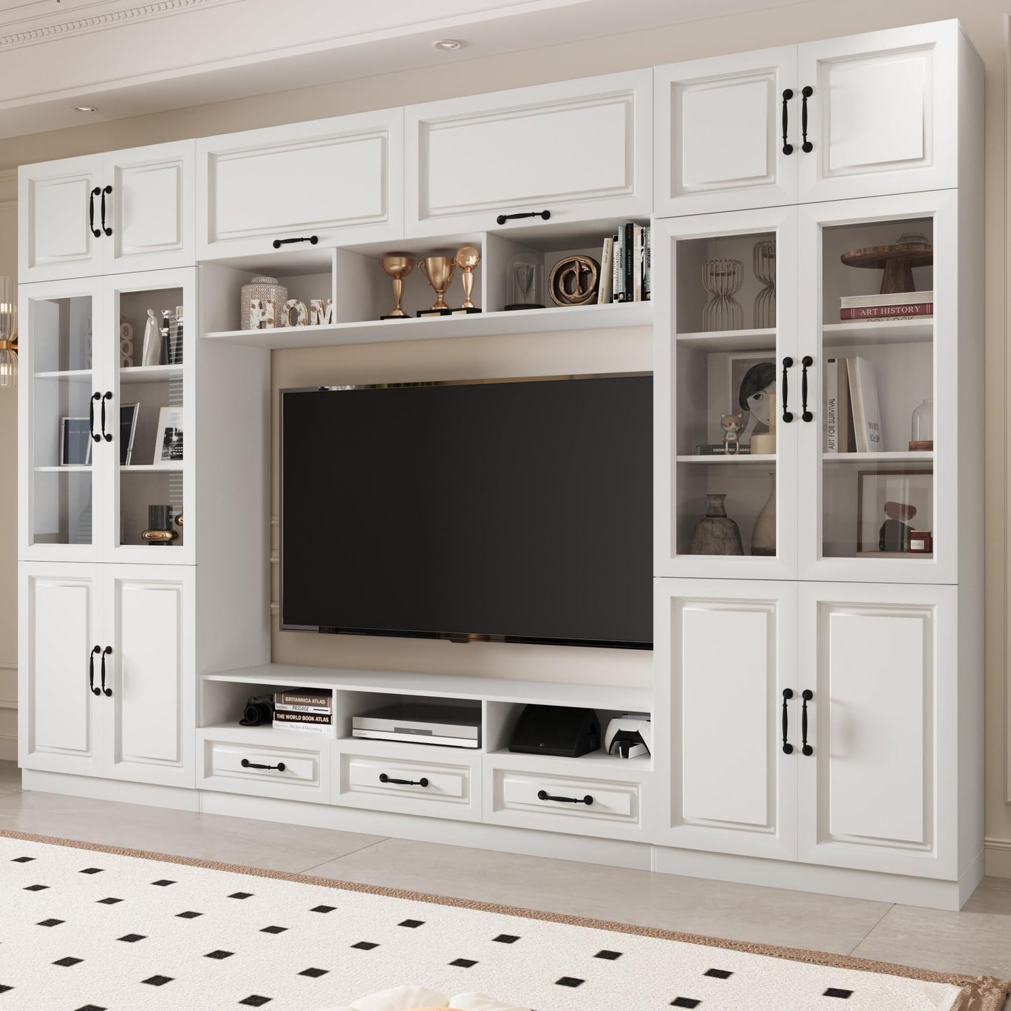 Mekminop 126" Entertainment Center Wall Unit with Glass Doors & Drawers, Large Wall Unit TV Stand for TVs up to 70", Media Console Table for Living Room, Can be Split into 4 Separate Cabinet, White