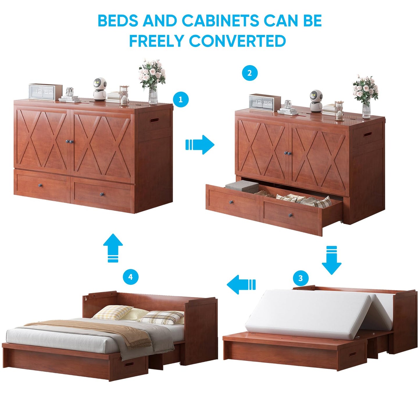 Mjkone Murphy Bed, Queen Hidden Cabinet Bed with Built-in USB Charging Station and 2 Storage Drawers, Murphy Wall Beds Cabinet Beds for Living Room, Guest Room, Apartment, Brown (No Mattress)