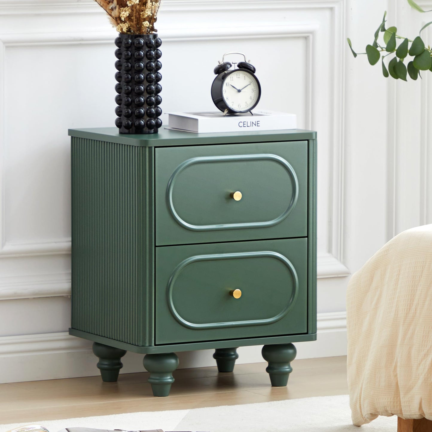 2 Drawer Fluted Nightstand Set of 2, Mid Century Modern Farmhouse Night Stand Small End Table Bedside Table for Bedroom, Green