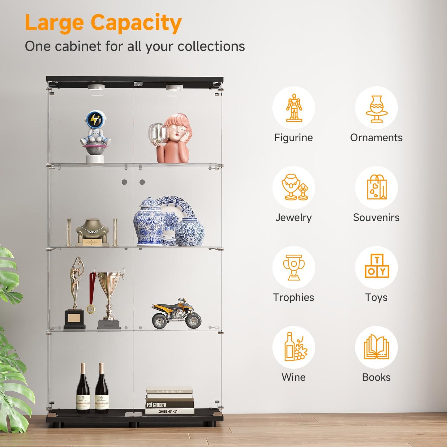 Zevemomo 4-Tier Tempered Glass Display Cabinet with Lights, Curio Cabinet with Glass Doors and Lock, Glass Display Case for Collectibles, for Living Room, Bedroom, Office, Black, Double Door