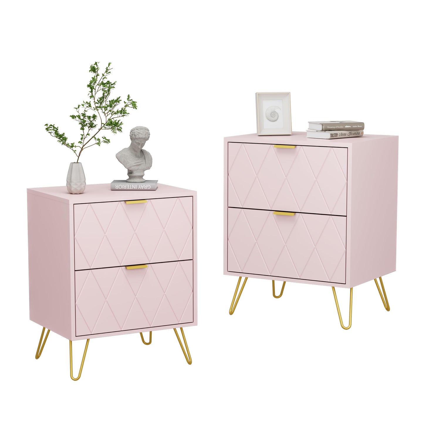 Anbuy Pink Nightstand Set of 2, End Side Table Double, Bedside Table with 2 Drawers, Dual Night Stand Set 2 Gold Legs for Bedroom Living Room