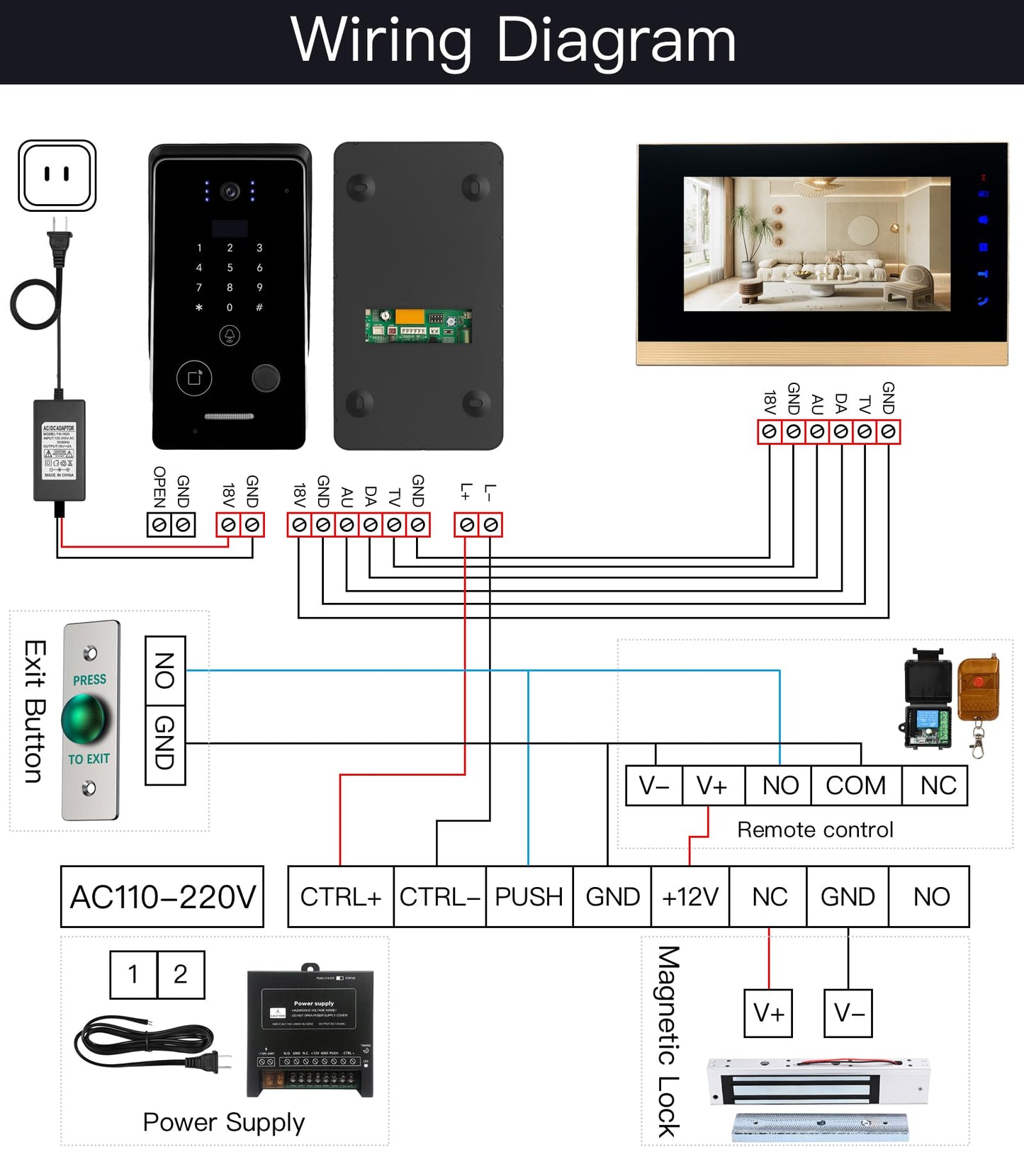 Smart Home 7-Inch Video Intercom Doorbell System with HD Display & Touch Keypad, Fingerprint/Key Card/Password/Remote Unlock, 1200lbs Magnetic Lock (NC) & Exit Button for Homes & Villas