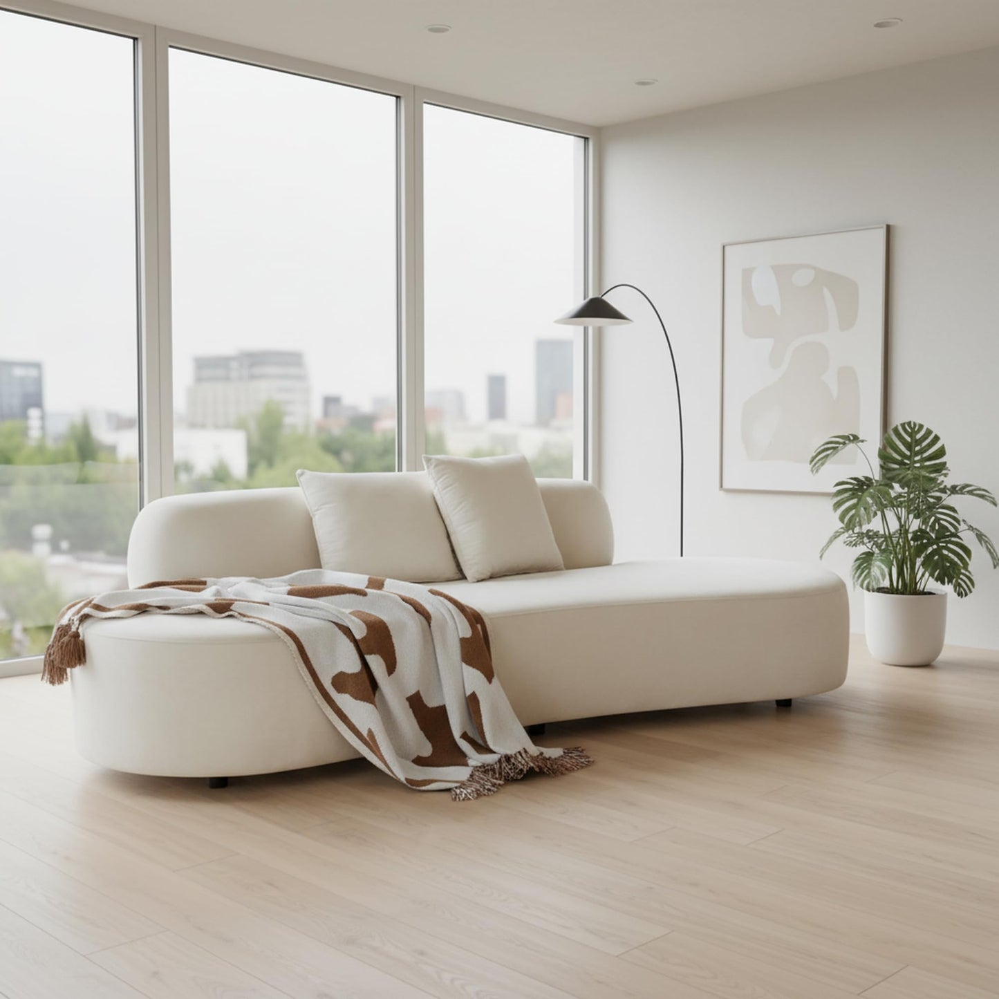 Container Furniture Direct 90" Curved Sofa with Throw Pillows, 4 Seater Luxury Velvet Couch with Half Moon Design and High-Density Foam, Ideal for Modern Living Room, Office & Apartment, Ivory