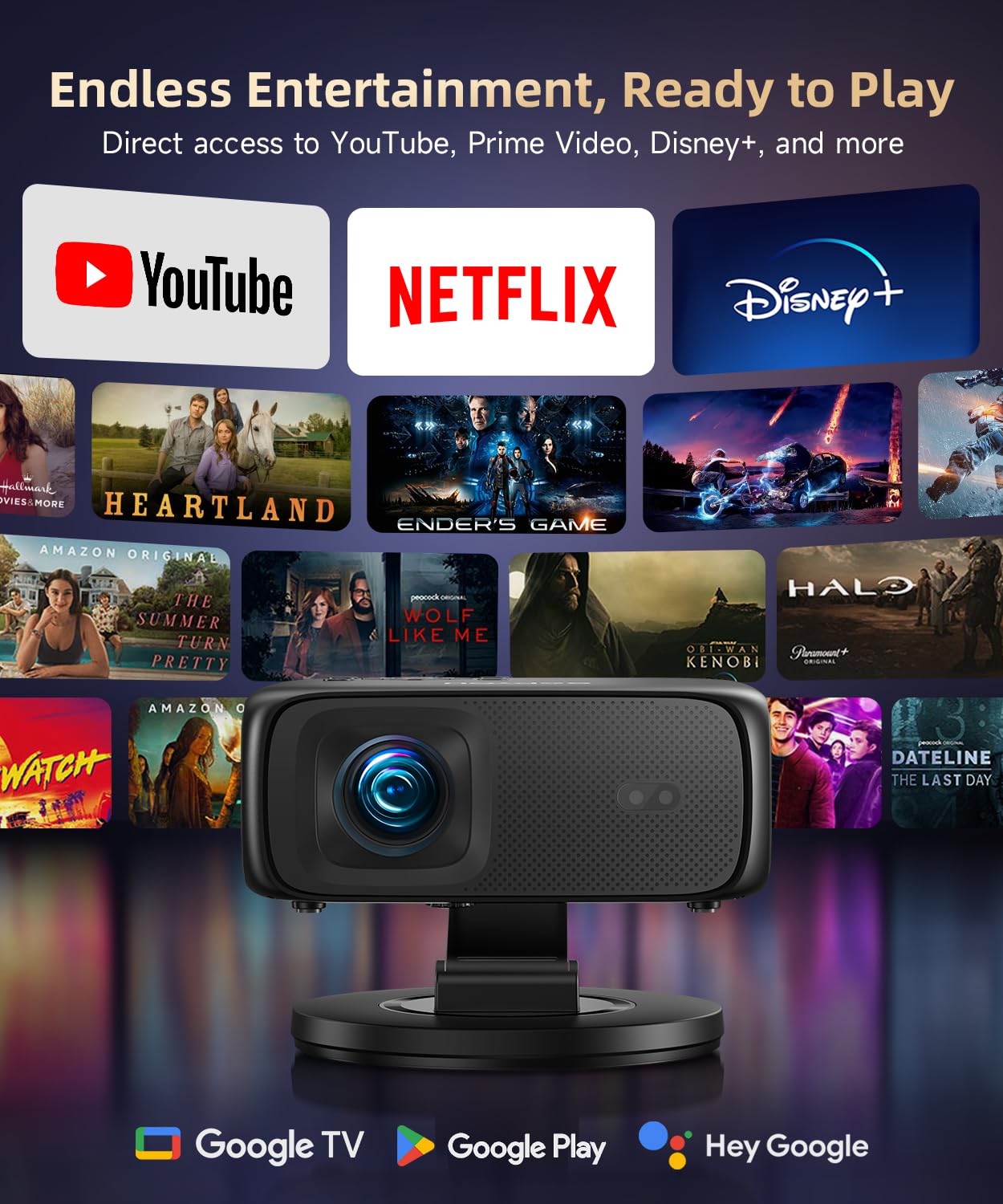 SOPYOU 1500ANSI Google TV Smart Projector, Auto Focus & Keystone,with Stand