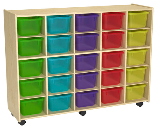 Childcraft Mobile Cubby Storage Unit with Concealed Wheels, 25 Translucent Color Trays, 47-3/4 x 14-1/4 x 36 Inches