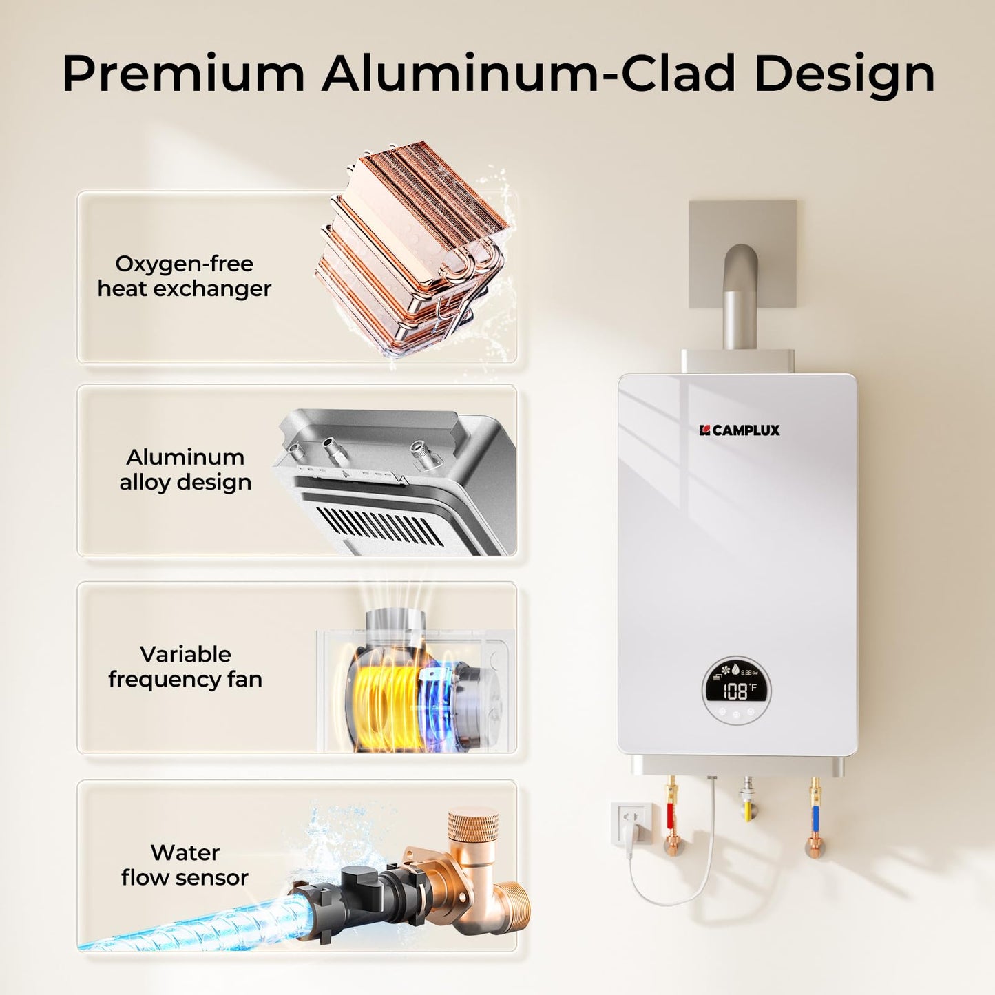 CAMPLUX Tankless Natural Gas Water Heater, 3.18 GPM On Demand Instant Water Heater, 82,000 BTU, White