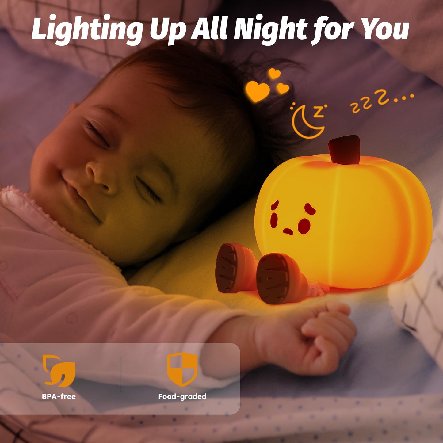 EEKEDO Pumpkin Silicone Night Light - Colorful, Dimmable, Rechargeable, 2 Pack - Orange