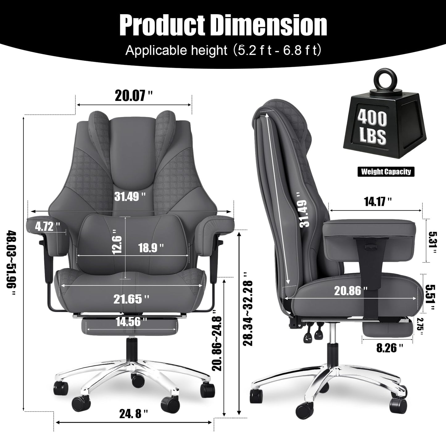 400lbs Big and Tall Office Chair, Wide Ergonomic Leather Executive Chair for Heavy People with Foot Rest, High-Back Reclining Computer Chair with Swivel Wheels and Lumbar Support (Gray)