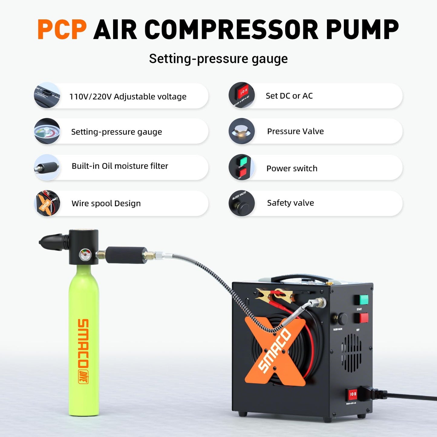 PCP Air Compressor 4500Psi/30Mpa High Pressure Air Compressor for Paintball/Scuba Tank, Oil-Free & No-noise & Auto-Shut off Air Compressors for Air Rifle/PCP Air-Gun, Powered by 12V DC or 110V-220V AC