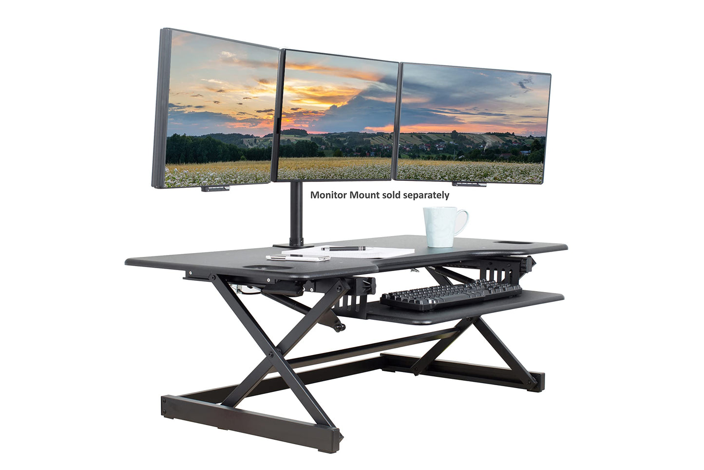 Rocelco 46" Large Height Adjustable Standing Desk Converter - Quick Sit Stand Up Triple Monitor Riser - Tall Gas Spring Assist Computer Workstation - Retractable Keyboard Tray - Black (R DADRB-46)