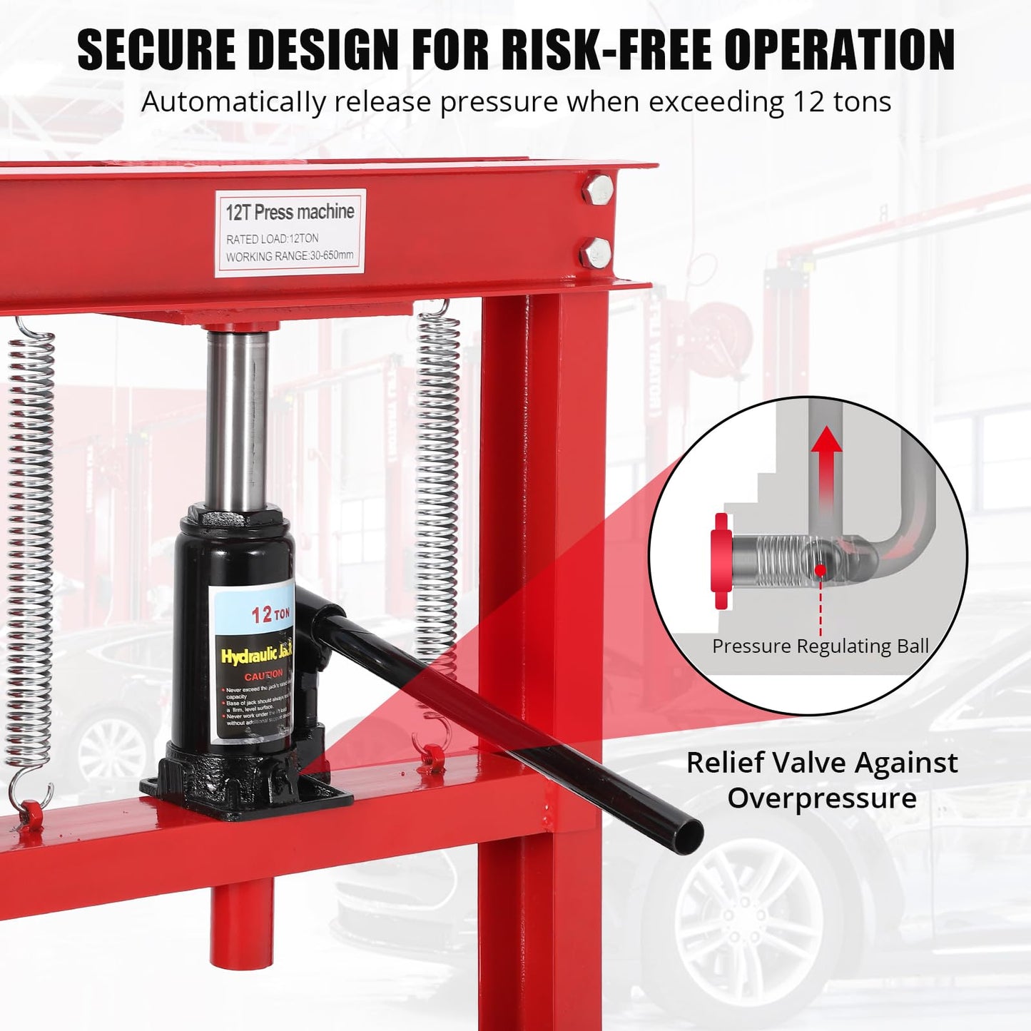 12T Hydraulic Press, Heavy Duty H-Frame Garage Floor Hydraulic Shop Press with 2 Press Plates, Adjustable Working Table Height, for Auto Repair, Red