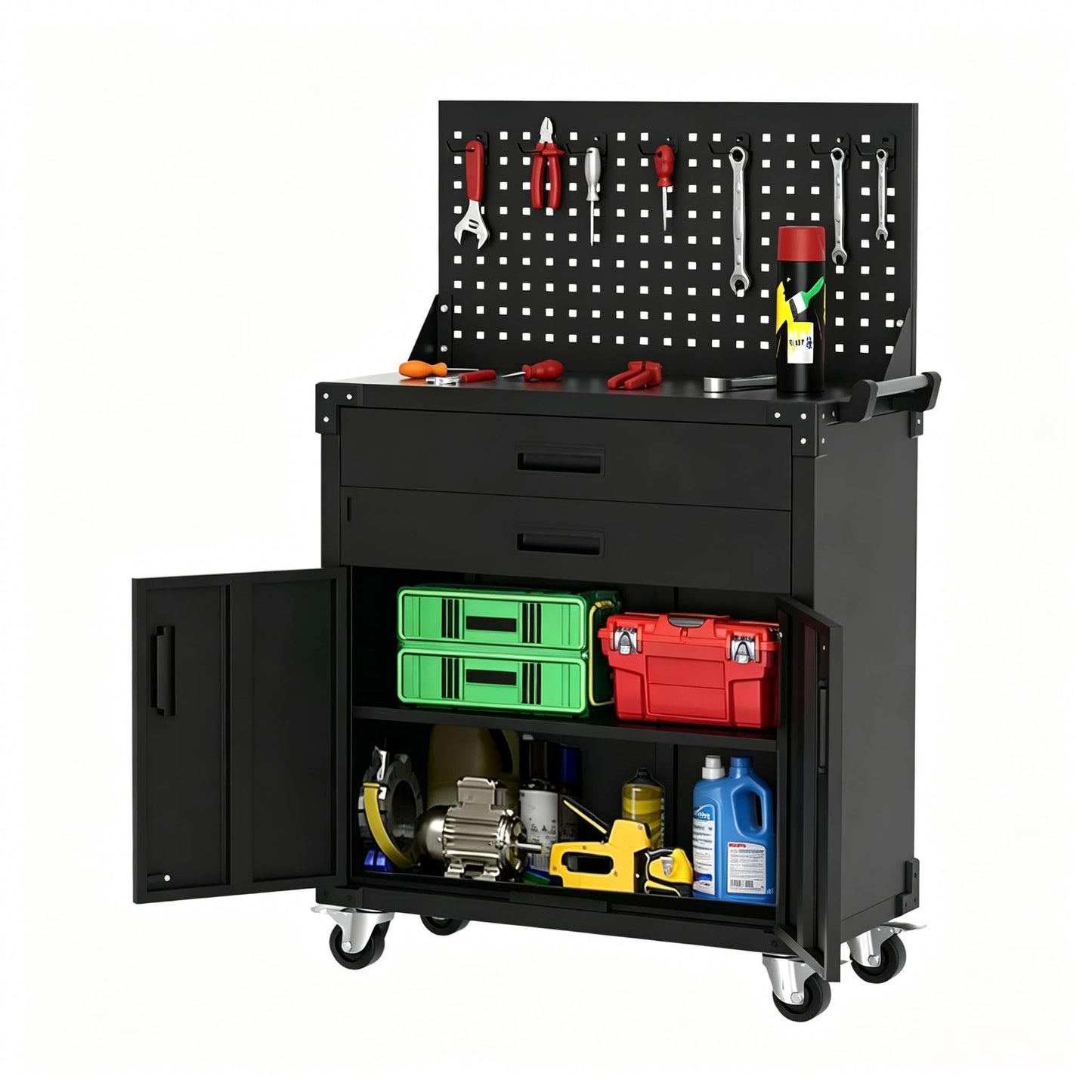 Fectiontool 52 in Work Bench for Garage with Wheels, Heavy Duty Metal Frame Worktable with Pegboard, 2 Drawers & Lockable Cabinet, Mobile Tool Bench for Workshop Kitchen Office, 330 Lbs Capacity