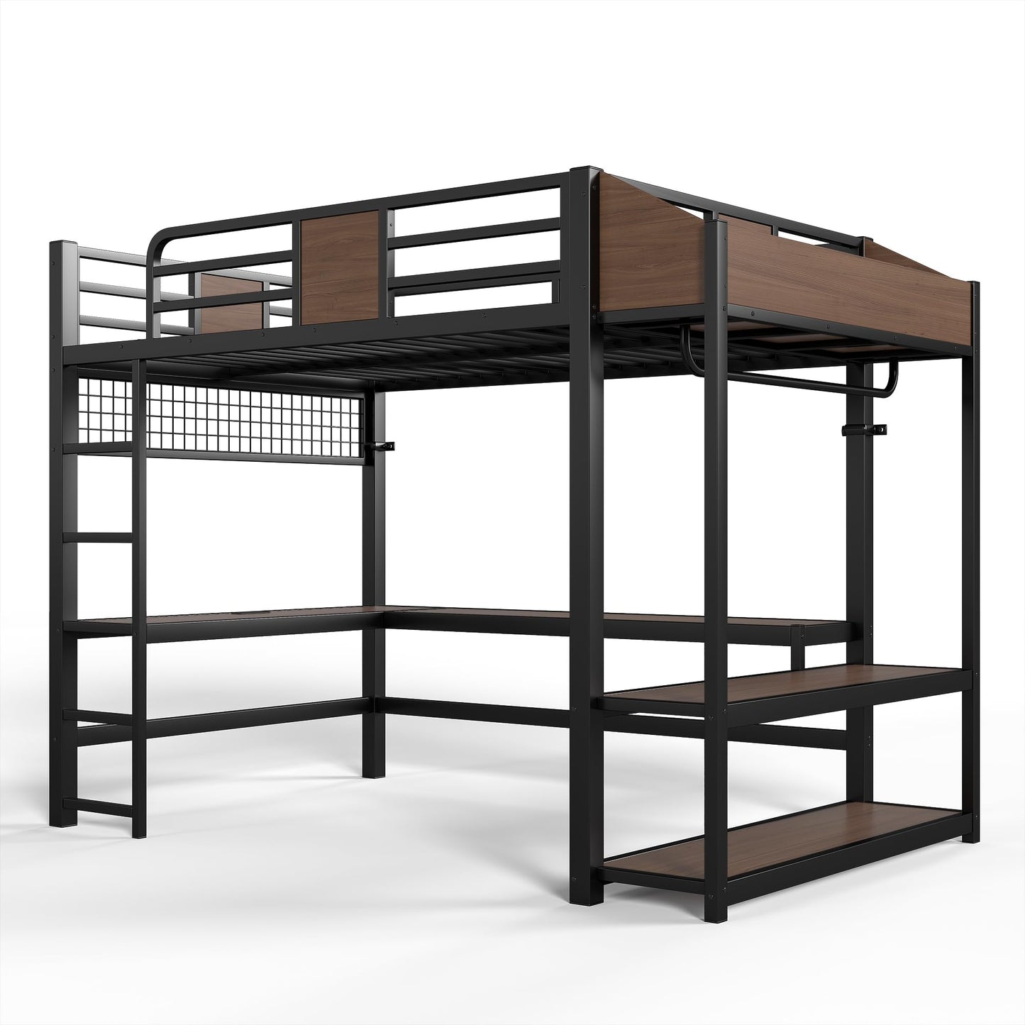 Bellemave Full Size Loft Bed with Desk and USB Ports, Clothes Hanging Rod, LED, Metal Full Loft Bed Frame for Adults, Kids, Teens, Black