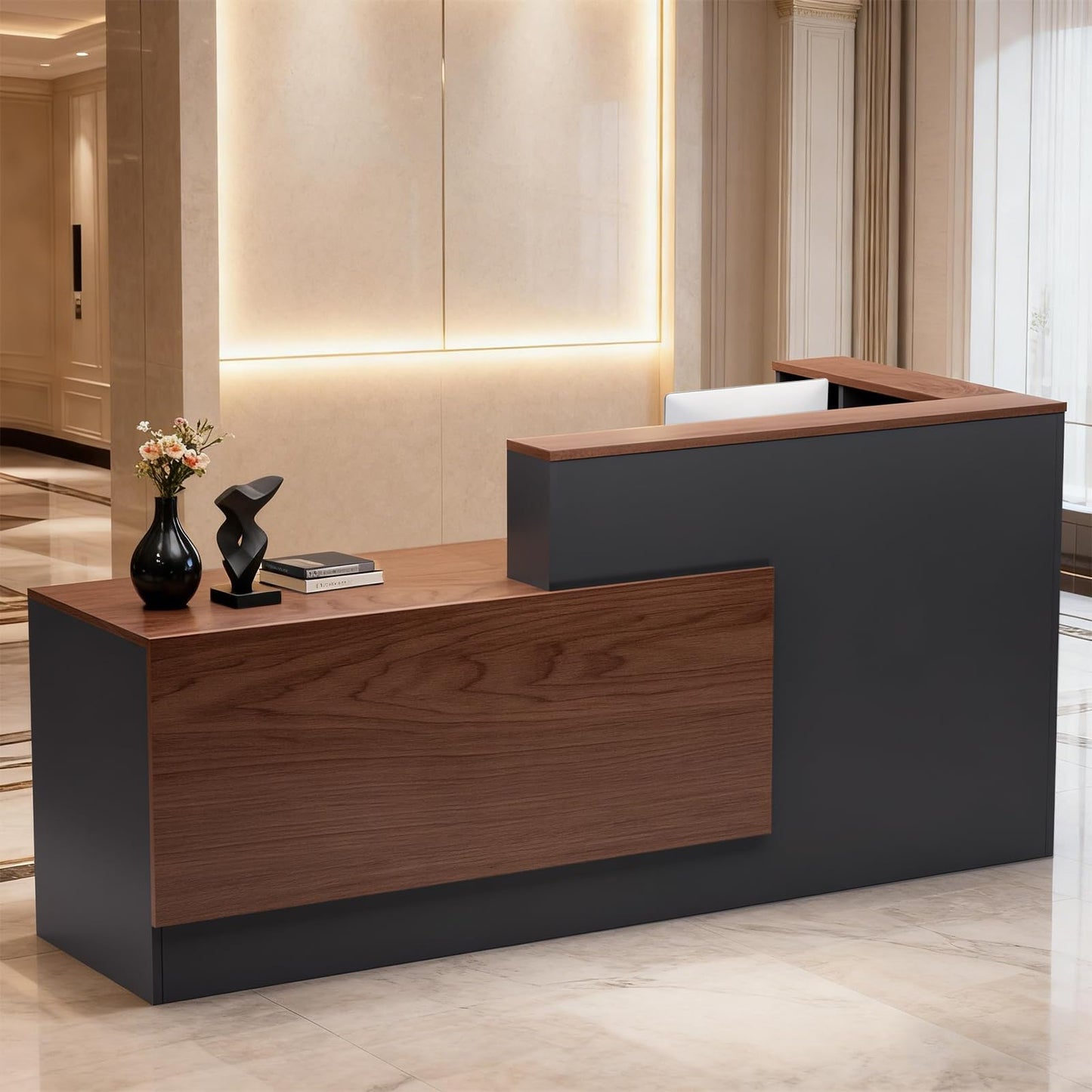 L-Shaped Large Wooden Reception Desk, Modern Front Desk Reception Counter with Lockable Drawers & Storage & Keyboard Tray, for Checkout, Lobby (Right-Walnut/Gray 87''L x 42''W x 41''H)